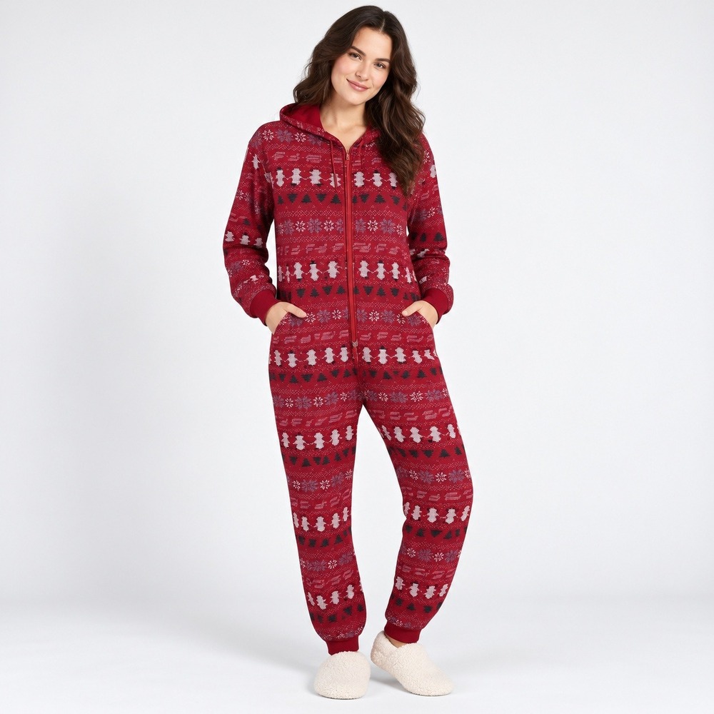 Fabletics Hooded One Piece Size Medium Red Fair Isle Snowman Christmas Jumpsuit
